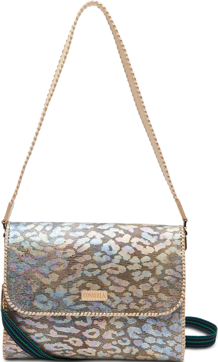 Metallic clutch bag with leopard print in silver and blue. Woven adjustable strap in beige and dark brown for crossbody wear. Front flap closure, leather trim, brand label "Around Town, Iris" in gold lettering. Available sizes: Small, Medium, Large.