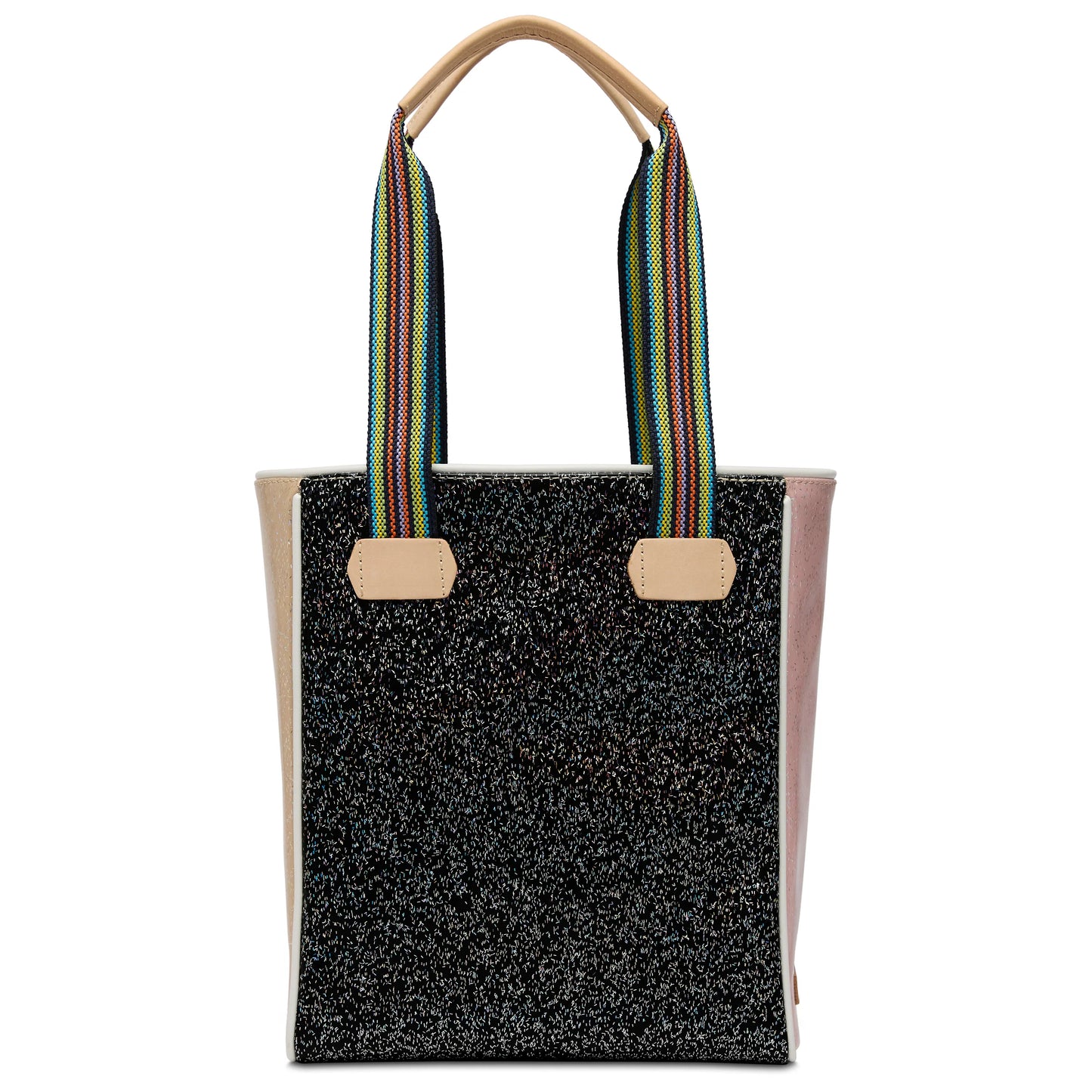 Chica Tote, Bae: leather-trimmed tote with glittery black front, tan sides and handles, rainbow-striped shoulder straps. Available in small and large sizes.