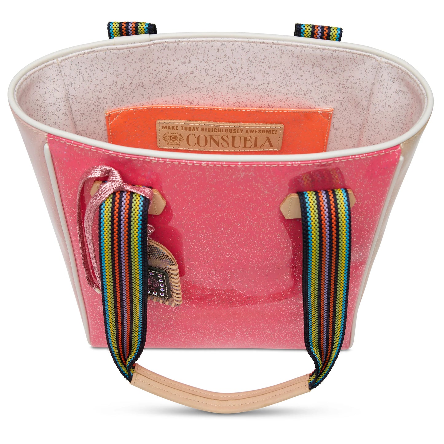 Pink glitter Chica Tote, Bae with rainbow handles, speckled interior lining, and branded “Consuela” label. Keychain attached to side. Available in standard size.