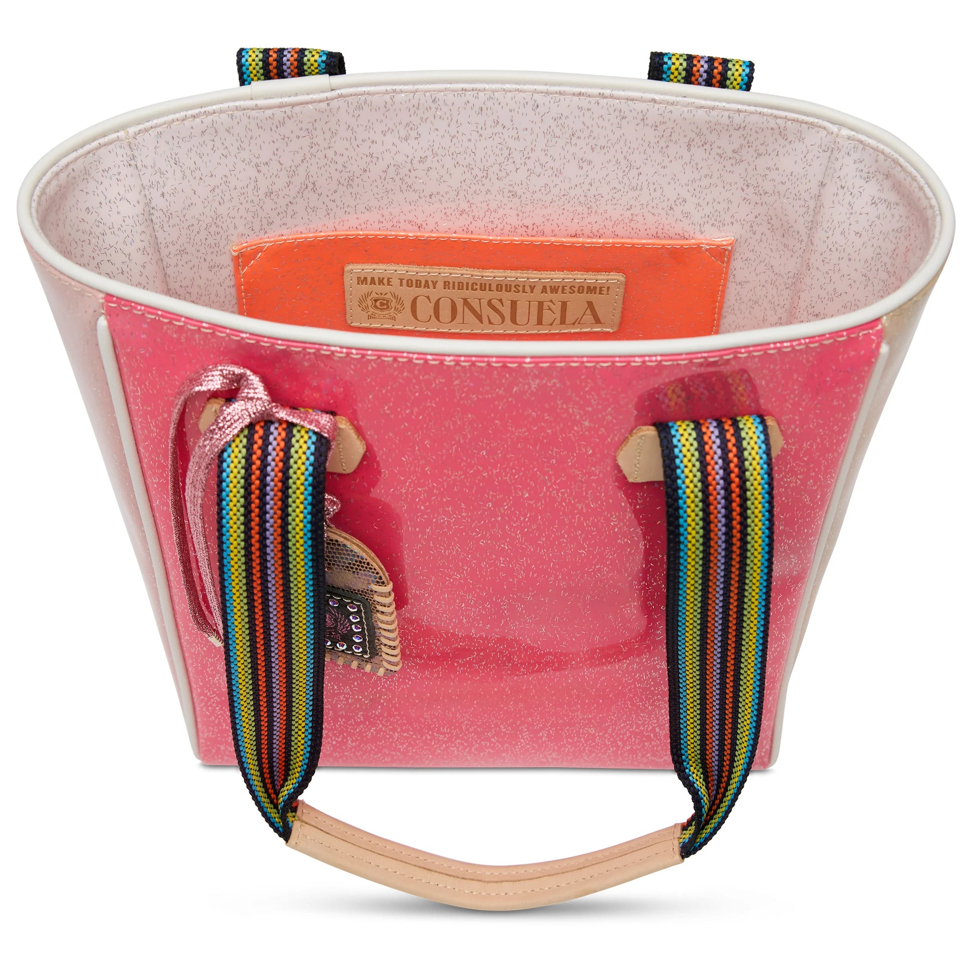 Pink glitter Chica Tote, Bae with rainbow handles, speckled interior lining, and branded “Consuela” label. Keychain attached to side. Available in standard size.