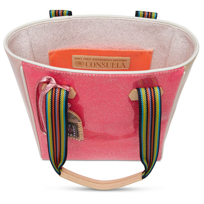 Pink glitter Chica Tote, Bae with rainbow handles, speckled interior lining, and branded “Consuela” label. Keychain attached to side. Available in standard size.