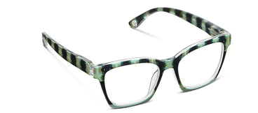 Rectangular blue light glasses with thick green, black, and white striped frames. Available in standard sizing.