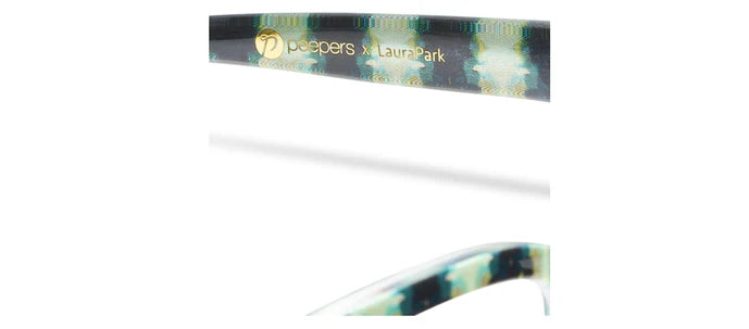 Birdie | Peepers x Laura Park glasses arm with colorful pattern, gold logo/text. Blue light frames in S/M, M/L.