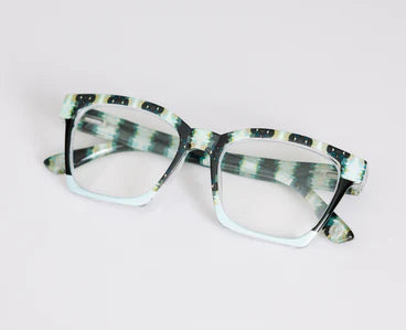 The Birdie | Peepers x Laura Park glasses with rectangular, multicolored frame in blue, green, black. Sizes: narrow, wide.