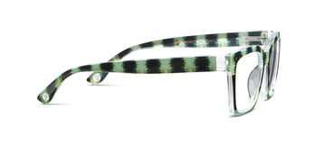 The Birdie | Peepers x Laura Park glasses have thick, transparent green and black checkered frames. Available in multiple sizes.