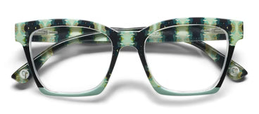Bold, multicolored Birdie glasses with green, black, cream thick rims, upturned corners. Blue light lenses. Sizes: S/M, M/L.
