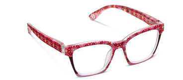 Pink rectangular blue light glasses with multicolored glitter on temples and rims. Available in sizes: Narrow, Medium.