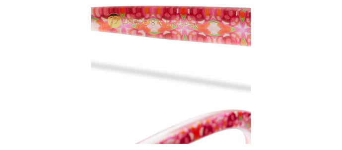 Pink Birdie Peepers x Laura Park glasses arm with floral pattern and gold logo. Available in sizes: small, medium, large.