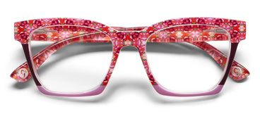 Birdie pink and purple patterned blue light glasses. Available sizes: Narrow, Average.