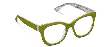 Green rectangular eyeglasses, transparent temples, patterned inner sides, blue light lenses. Sizes: narrow, medium, wide.