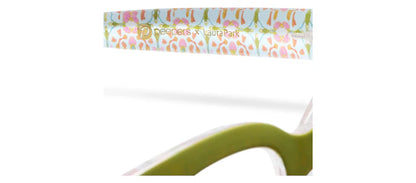 Peepers x Laura Park glasses: pink, green, yellow floral arms, olive green frame, blue light lenses option. Sizes: S/M/L.