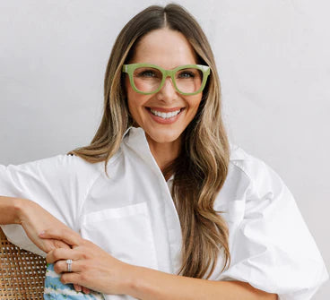 Green Center Stage | Peepers x Laura Park glasses; available in narrow, regular, and wide sizes.