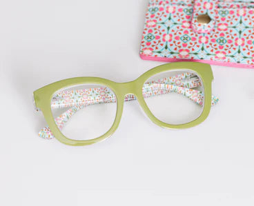 Green Center Stage | Peepers x Laura Park glasses with floral arms and blue light lenses. Sizes: Narrow, Medium, Wide.
