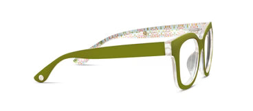 Olive green blue-light glasses with clear accents and patterned interior. Available sizes: narrow, average, wide.