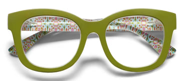 Center Stage glasses have a bold, rounded shape with colorful animal patterns on the inner arms. Available in multiple sizes.