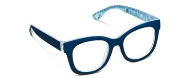 Blue rectangular frames with clear rims/arms, Laura Park patterned inside arms. Fits blue light lenses. Available in multiple sizes.