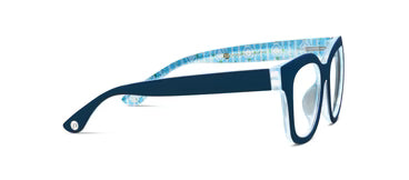 Dark blue glasses, patterned light blue inner arms with pool design, yellow floats, optional blue light lenses. Sizes: narrow/average.