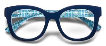 Blue glasses with thick rims and blue-green geometric patterned inner arms, blue light lenses. Sizes available: narrow, wide.