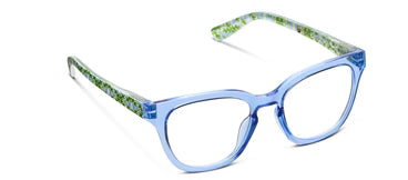 Blue, square-framed eyeglasses with green and white speckled inner arms and blue light lenses. Available in multiple sizes.