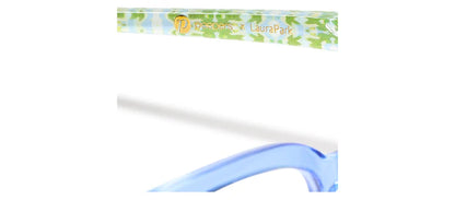Close-up of Nola | Peepers x Laura Park glasses arm with green-blue leafy pattern, logo text; blue light lenses. Sizes: S, M, L.