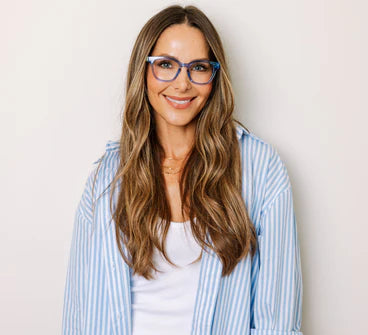 Nola | Peepers x Laura Park cat eye blue light readers shown; available in standard and petite sizes.
