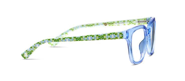 Cat-eye readers with transparent blue frames and green-blue floral temples, available in multiple sizes.