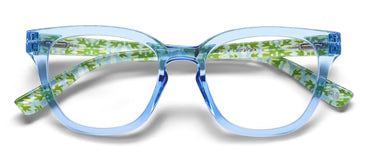 Blue translucent rectangular eyeglasses with blue light lenses, green leaf pattern arms. Sizes: narrow, average, wide.