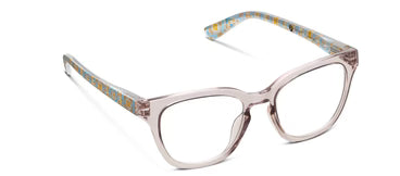 Clear-framed, square blue light eyeglasses with translucent arms and inner blue-yellow pattern. Sizes: narrow, wide.