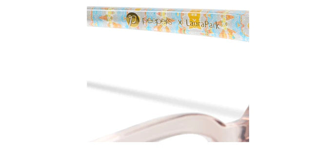 Nola | Peepers x Laura Park readers’ arm with pastel pattern, gold logo. Available in 1.5, 2.0, and 2.5 strengths.