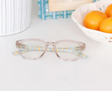 The Nola cat eye readers with blue and yellow patterned arms. Available in multiple sizes.