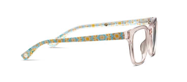 Nola cat eye readers feature clear frames with a yellow, blue, and white geometric floral pattern. Available in multiple sizes.