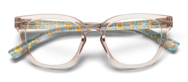 Clear rectangular cat eye readers with blue inner arms and yellow cat pattern. Available in multiple sizes.