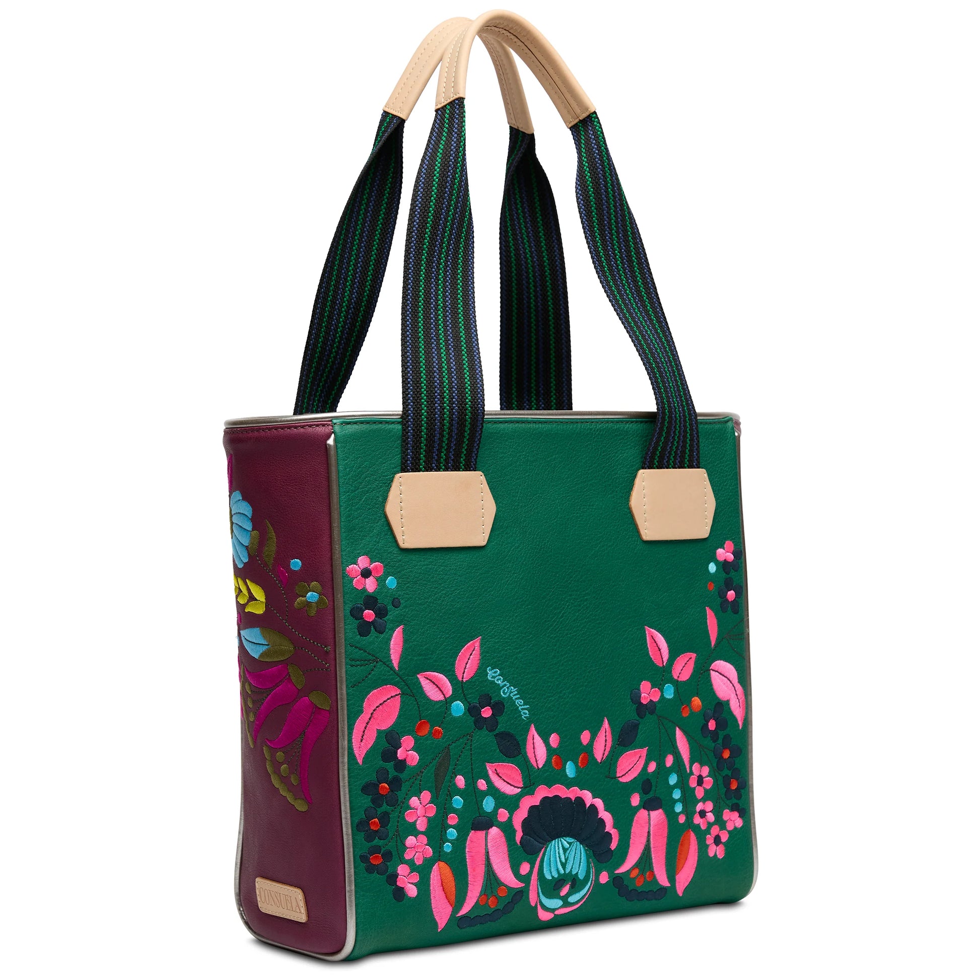 Green and maroon Classic Tote, Riley, with beige handles, striped straps, floral front/side; available in small, medium, large.
