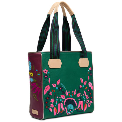 Green and maroon Classic Tote, Riley, with beige handles, striped straps, floral front/side; available in small, medium, large.