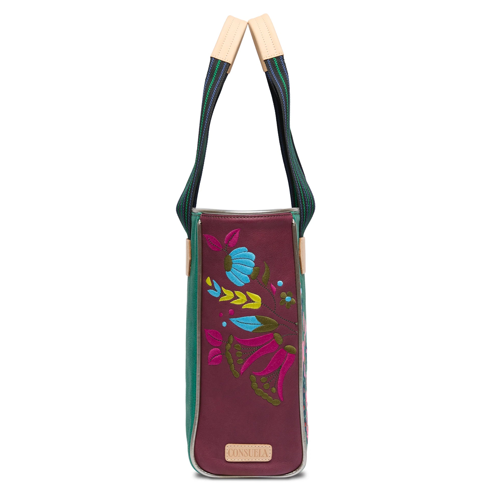 Classic Tote, Riley by Consuela: maroon with embroidered flowers, green accents, striped handles. Sizes: Small, Medium, Large.