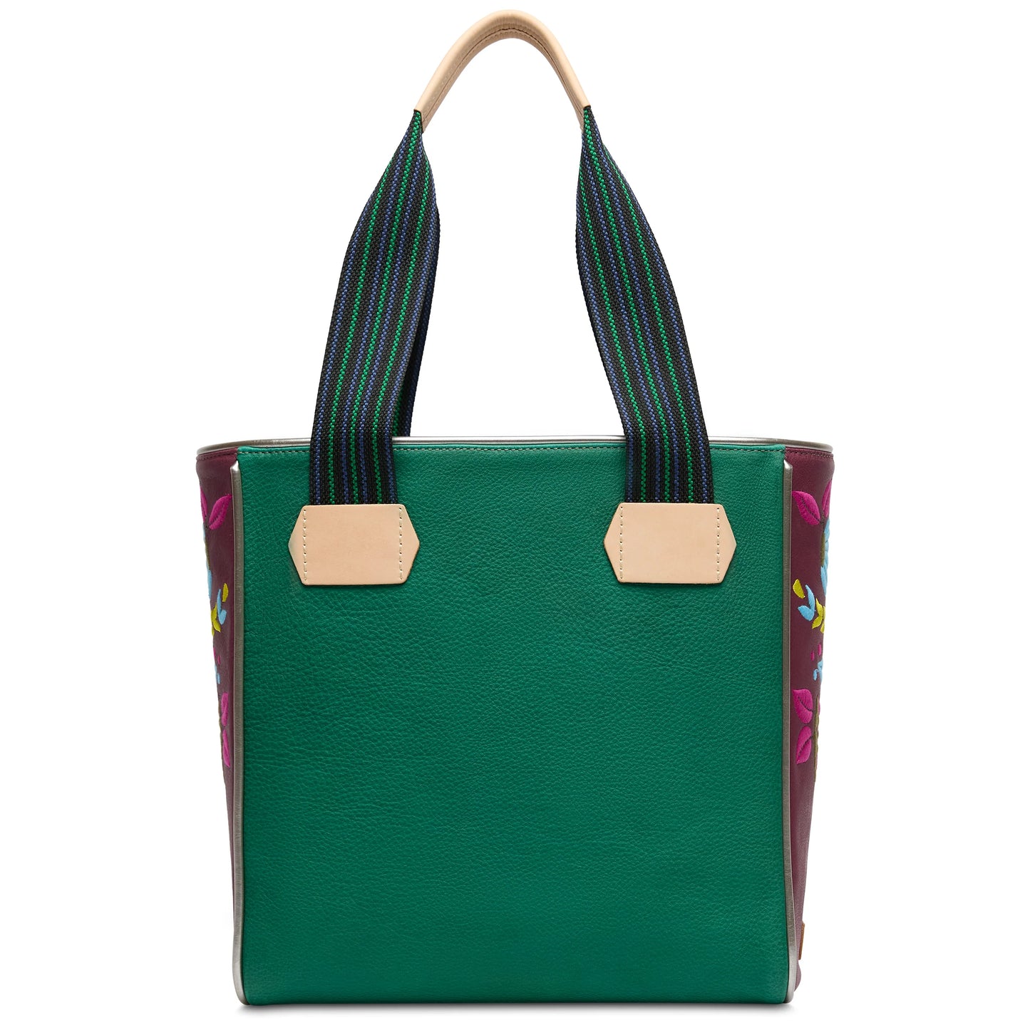 Green leather tote with striped straps, tan leather handles, floral embroidery. Available in multiple sizes by Consuela.