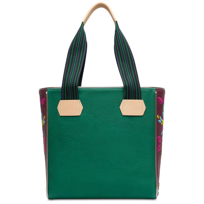 Green leather tote with striped straps, tan leather handles, floral embroidery. Available in multiple sizes by Consuela.