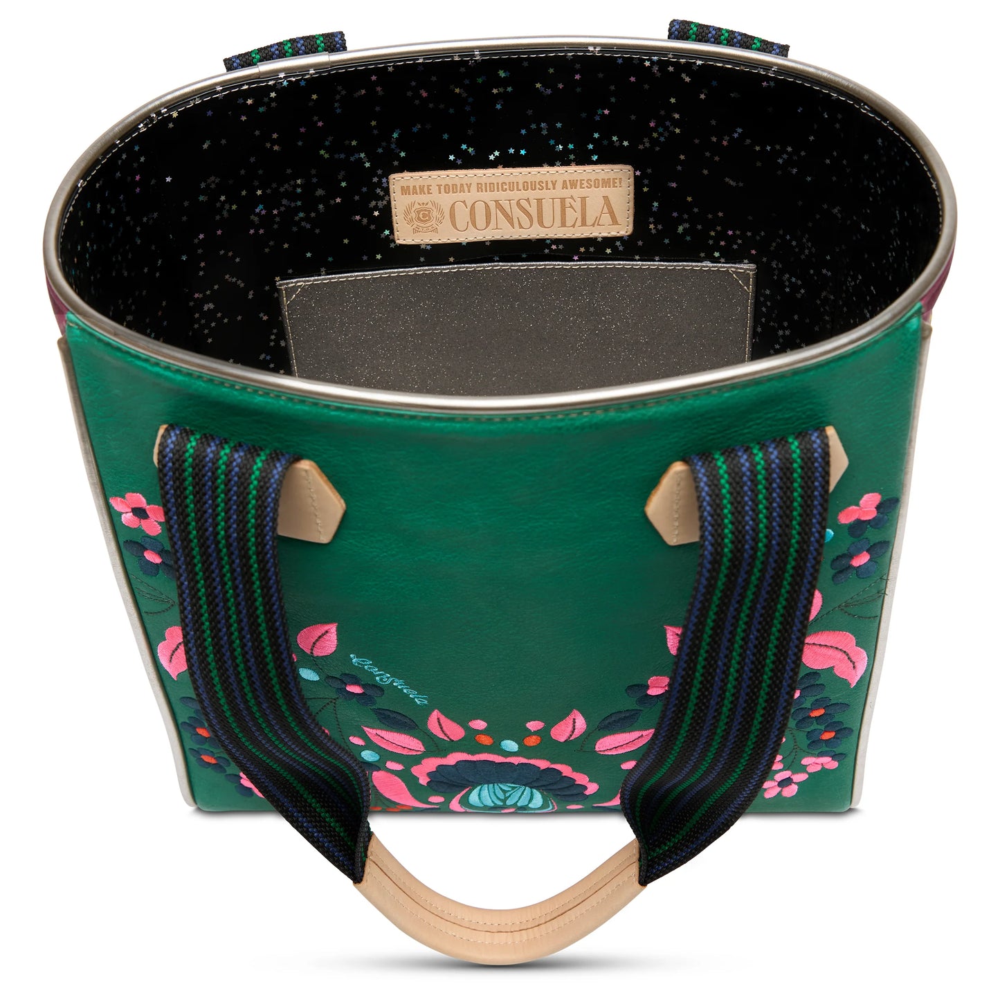 Open green Consuela tote with pink and blue florals, striped handles, black speckled lining, leather inspirational patch. Sizes: S/M/L.