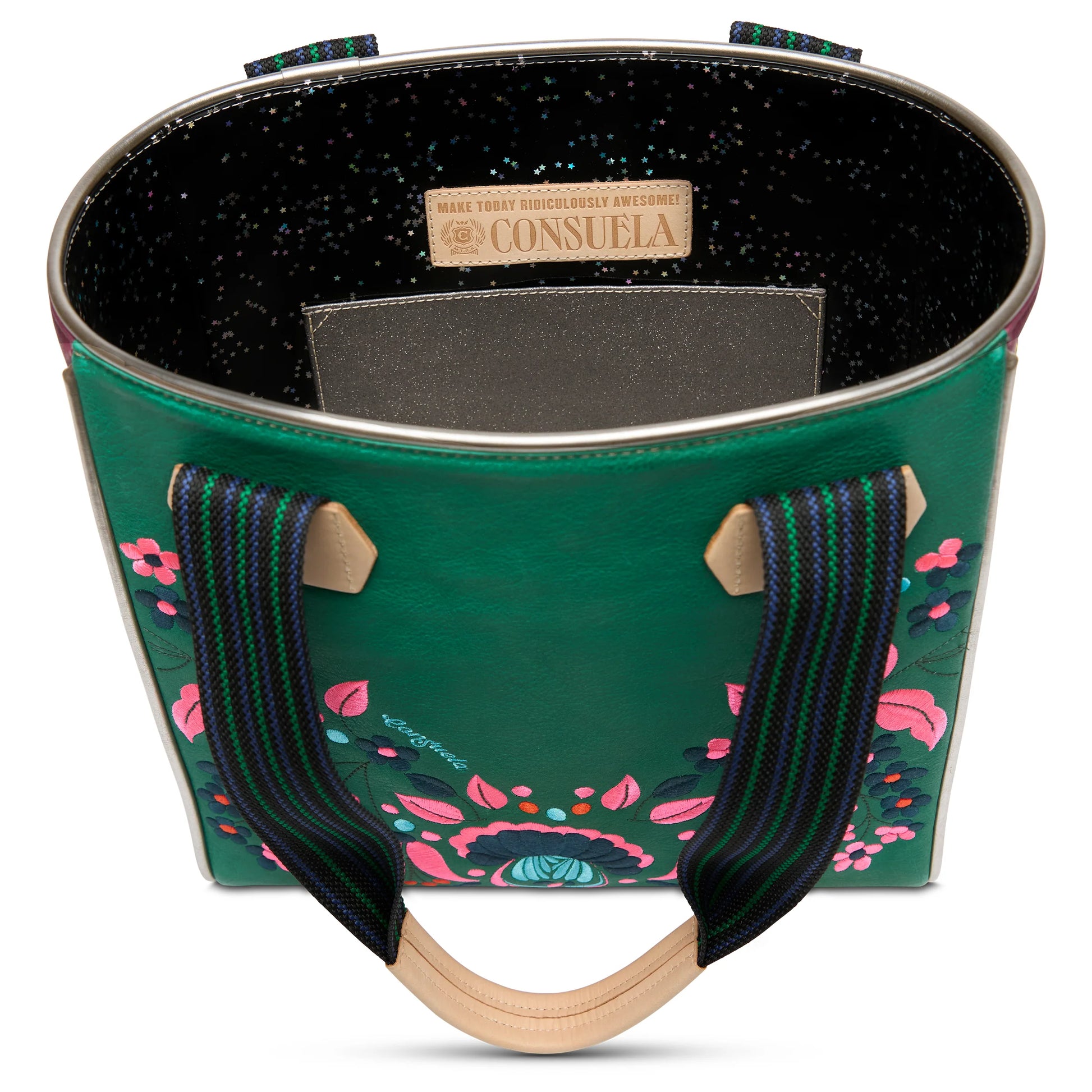 Open green Consuela tote with pink and blue florals, striped handles, black speckled lining, leather inspirational patch. Sizes: S/M/L.
