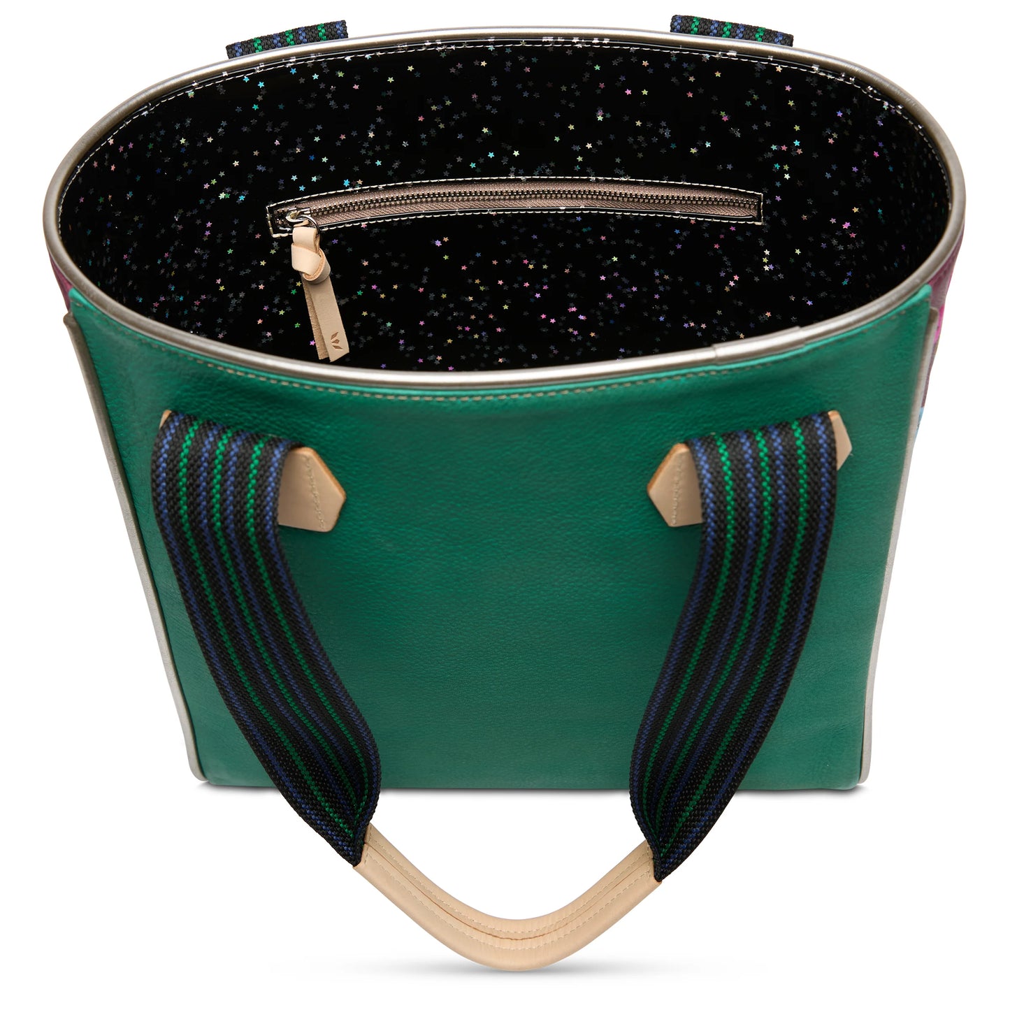 Green Classic Tote, Riley: blue/green striped handles, beige accents, black speckled interior, zip pocket. Sizes: S/M/L.