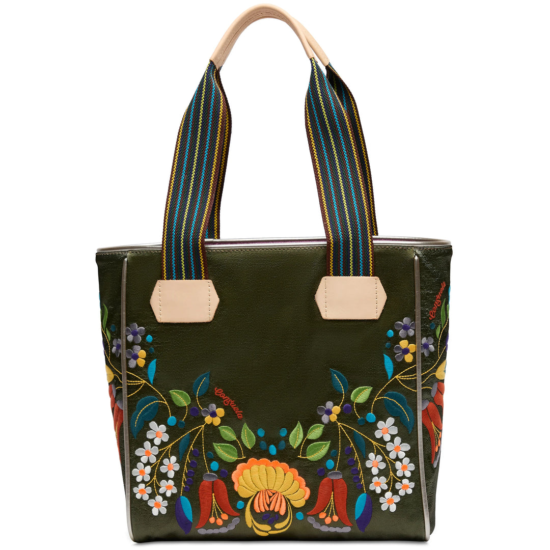 Dark green Consuela tote with striped handles, floral embroidery, tan leather accents. Available in standard and large sizes.