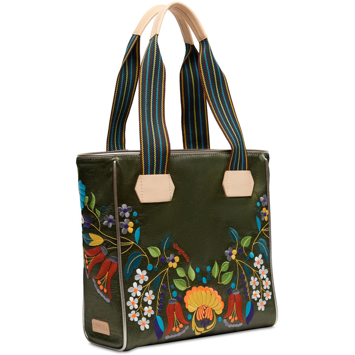 Green tote with floral embroidery, wide striped handles, beige strap and corner accents. Available in small, medium, large.