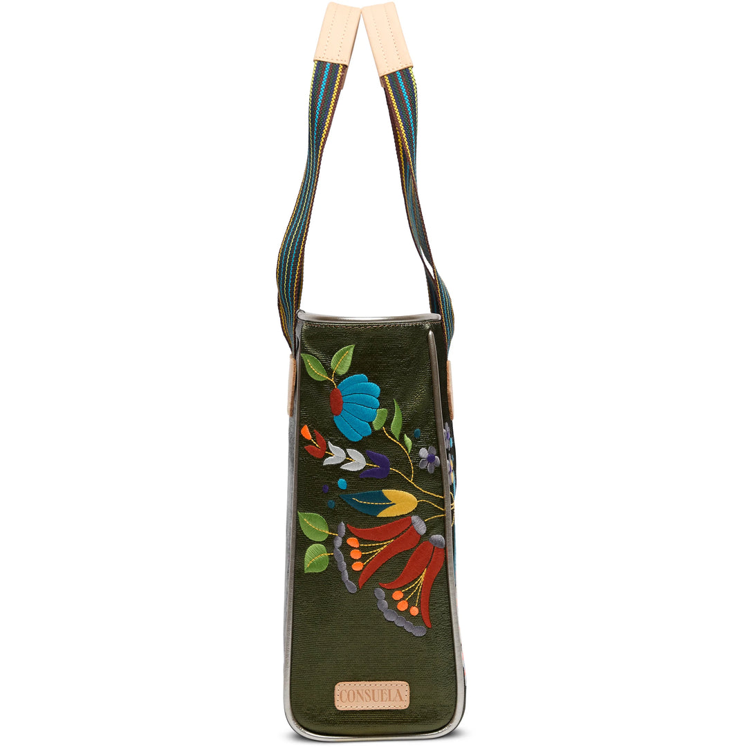 Classic Tote, Vic: deep green with floral and butterfly embroidery, striped straps, tan "Consuela" patch. Available in multiple sizes.