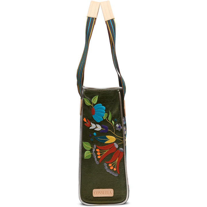 Classic Tote, Vic: deep green with floral and butterfly embroidery, striped straps, tan "Consuela" patch. Available in multiple sizes.