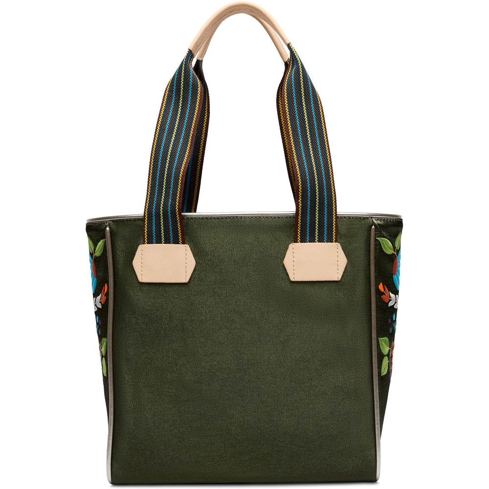 Green tote with beige handles, striped shoulder straps, floral embroidery on sides. Available in multiple sizes.