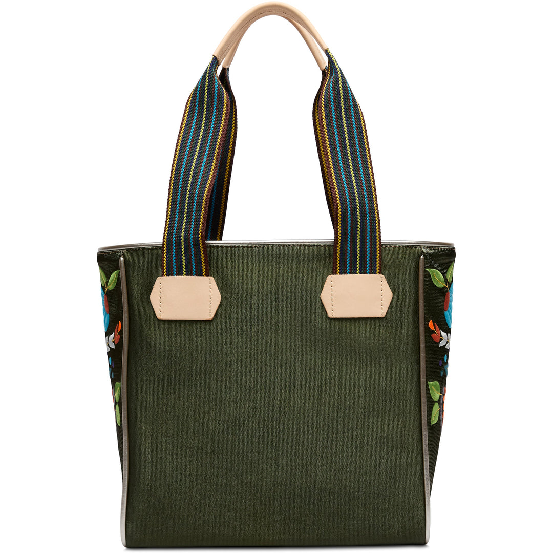 Green tote with beige handles, striped shoulder straps, floral embroidery on sides. Available in multiple sizes.