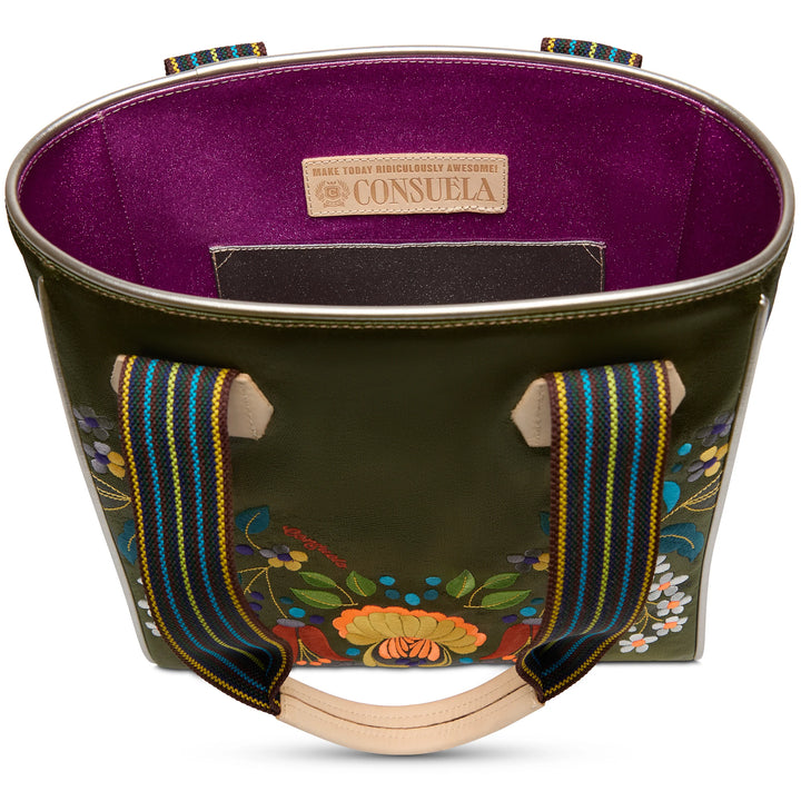 The Classic Tote, Vic: floral embroidery, striped handles, purple interior with label. Available in sizes small and large.