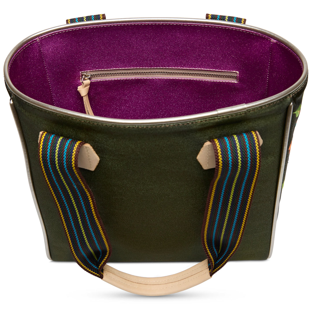 The Classic Tote, Vic: spacious Consuela bag, olive green, striped handles, purple interior, zip pocket. Sizes: S/M/L.