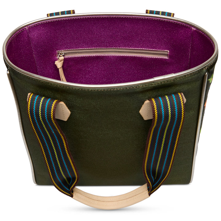 The Classic Tote, Vic: spacious Consuela bag, olive green, striped handles, purple interior, zip pocket. Sizes: S/M/L.