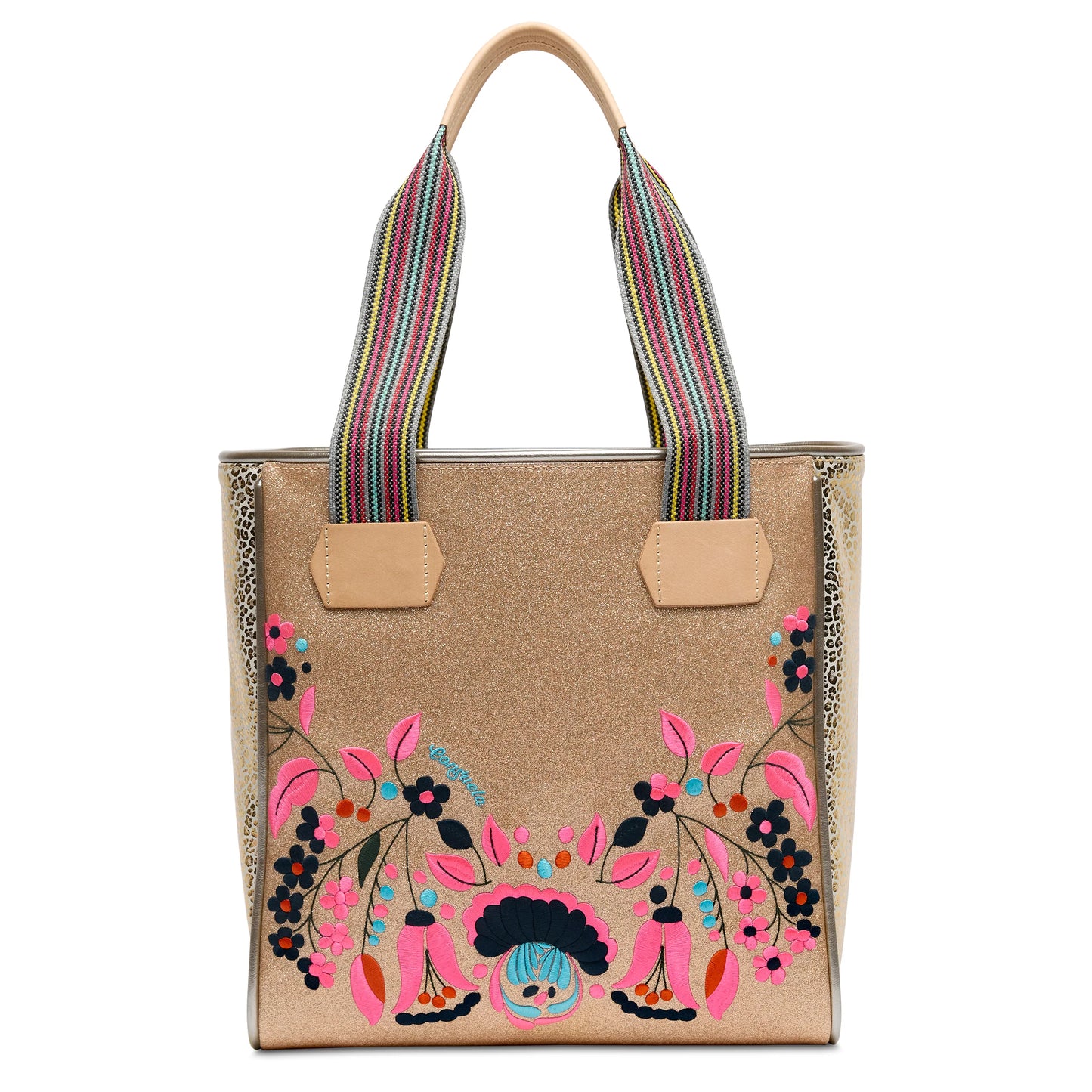 Gold tote with multicolored striped handles, pink/blue/black floral embroidery, animal print sides. Sizes: S, M, L.